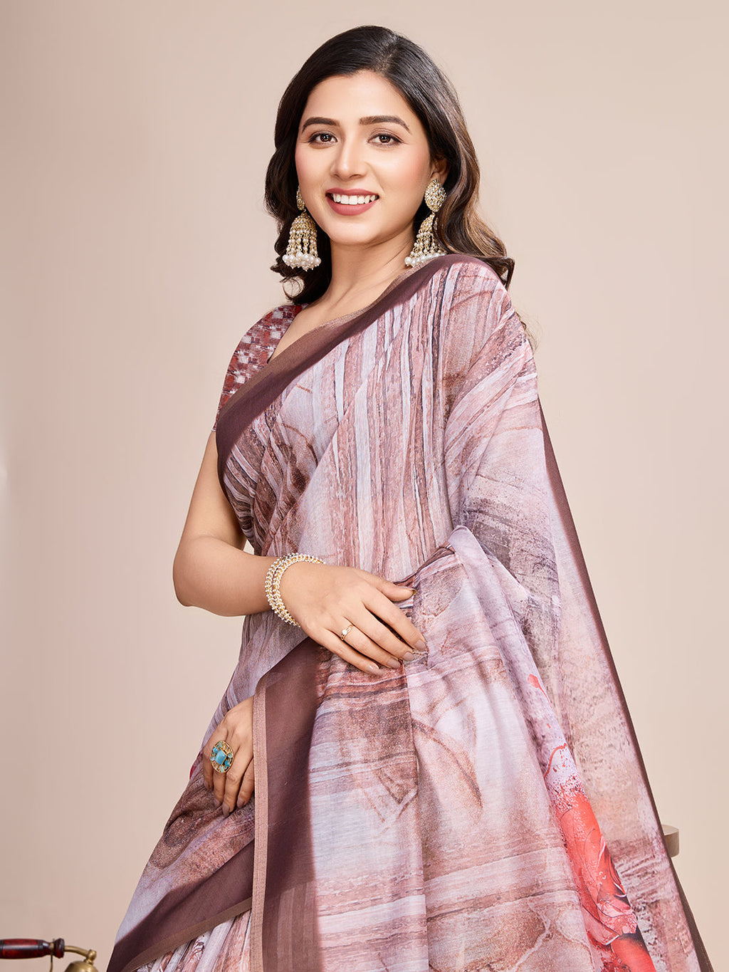Vedant Vastram Linen Printed Bollywood Saree - Brown | Grocsy