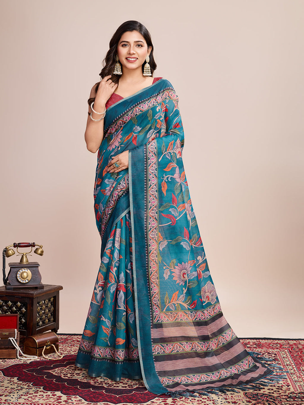 Vedant Vastram Linen Printed Bollywood Saree - Firozi | Grocsy