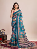 Vedant Vastram Linen Printed Bollywood Saree - Firozi | Grocsy