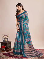 Vedant Vastram Linen Printed Bollywood Saree - Firozi | Grocsy