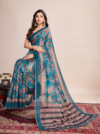 Vedant Vastram Linen Printed Bollywood Saree - Firozi | Grocsy