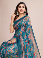 Vedant Vastram Linen Printed Bollywood Saree - Firozi | Grocsy
