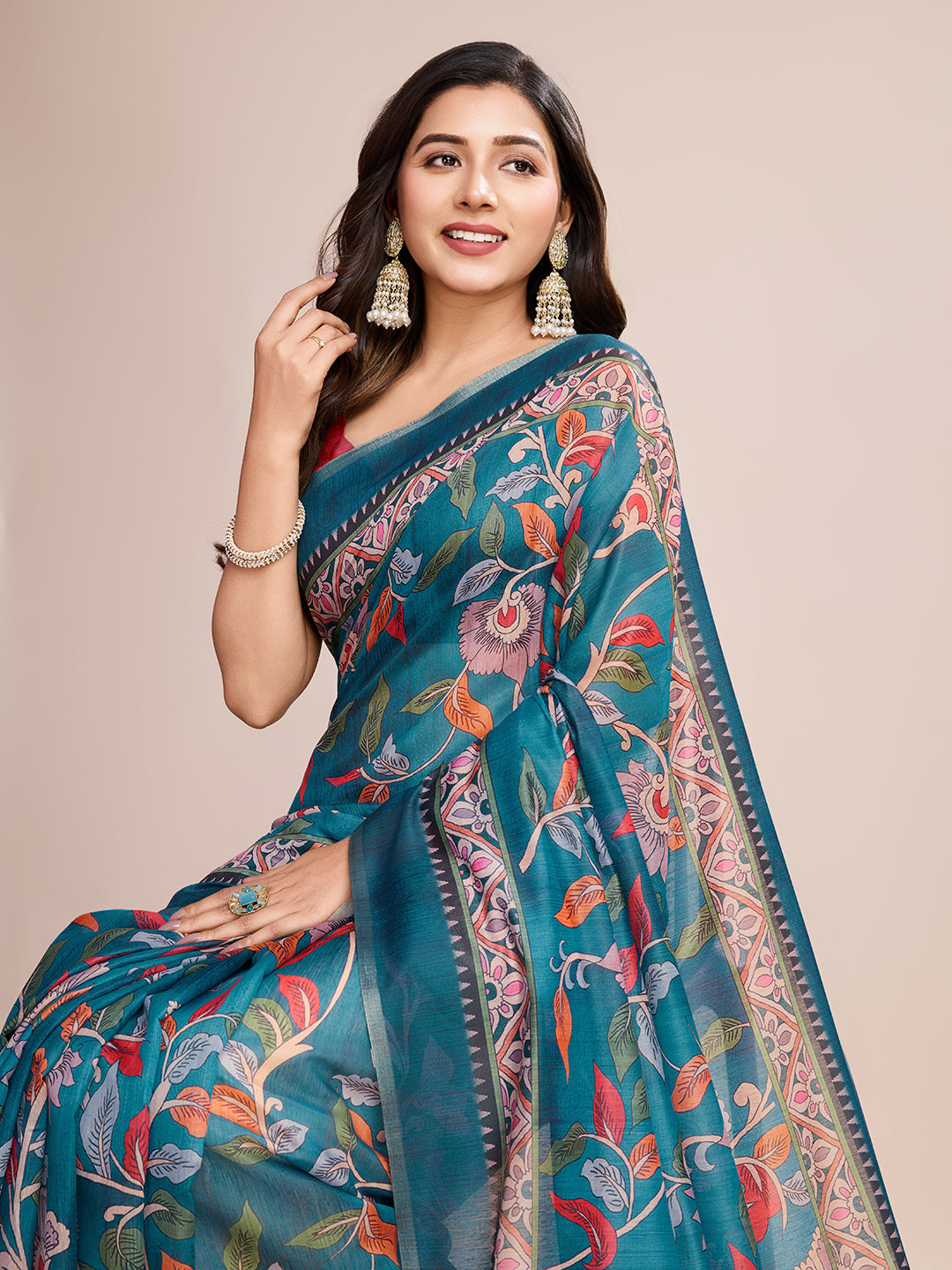 Vedant Vastram Linen Printed Bollywood Saree - Firozi | Grocsy