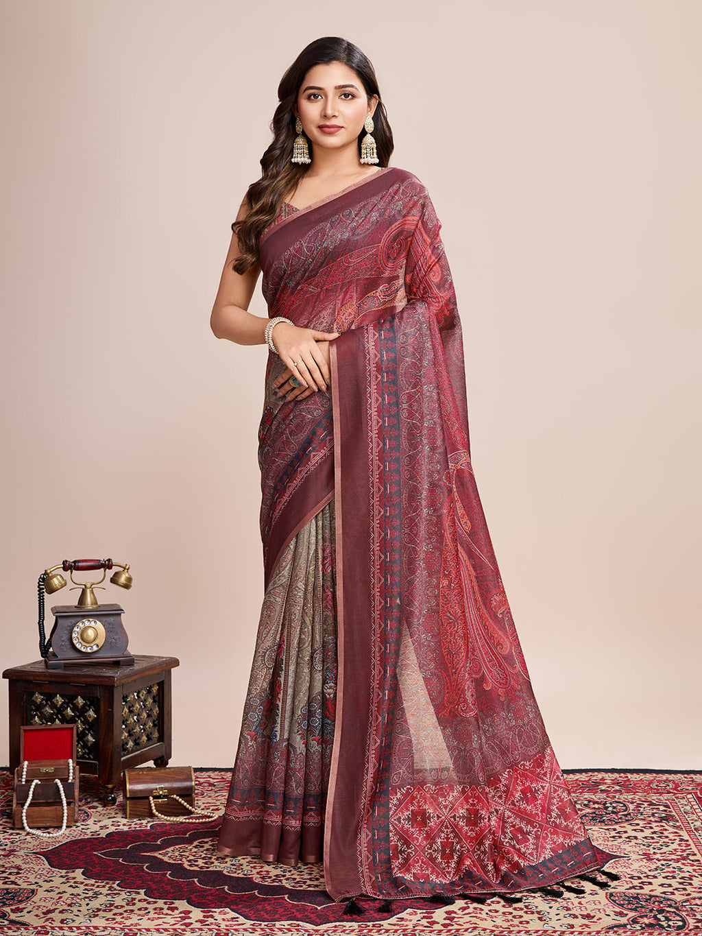 Vedant Vastram Linen Printed Bollywood Saree - Maroon | Grocsy