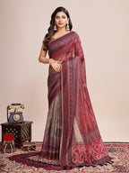 Vedant Vastram Linen Printed Bollywood Saree - Maroon | Grocsy
