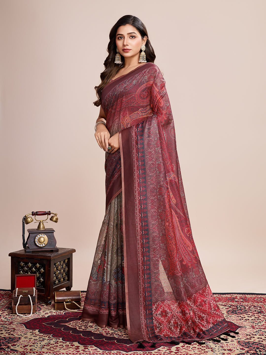Vedant Vastram Linen Printed Bollywood Saree - Maroon | Grocsy