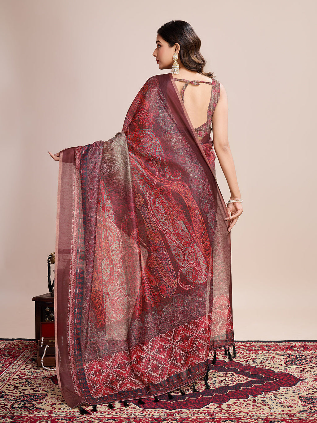 Vedant Vastram Linen Printed Bollywood Saree - Maroon | Grocsy