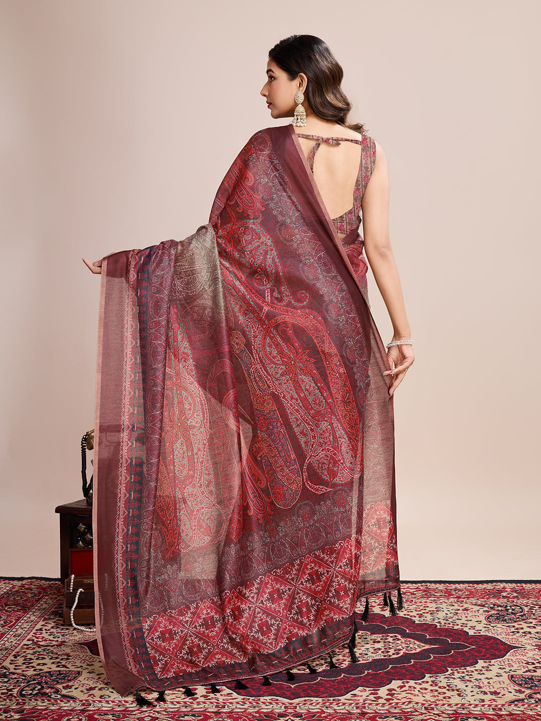 Vedant Vastram Linen Printed Bollywood Saree - Maroon | Grocsy