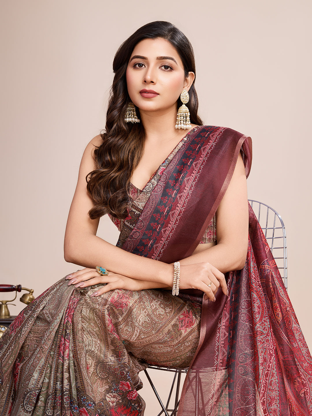 Vedant Vastram Linen Printed Bollywood Saree - Maroon | Grocsy