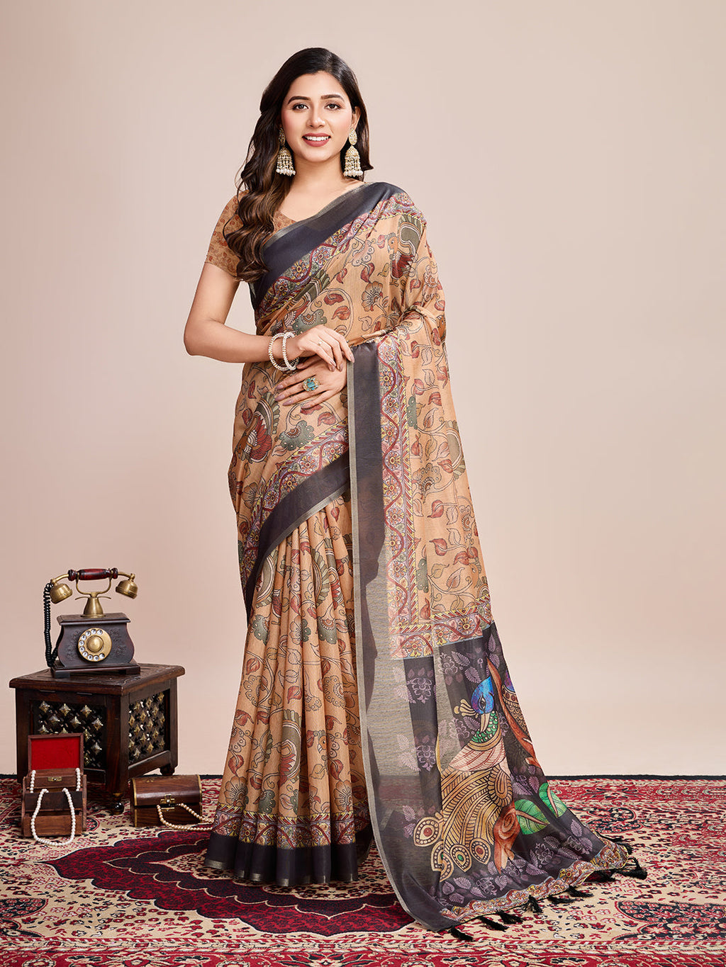 Vedant Vastram Linen Printed Bollywood Saree - Mustard | Grocsy