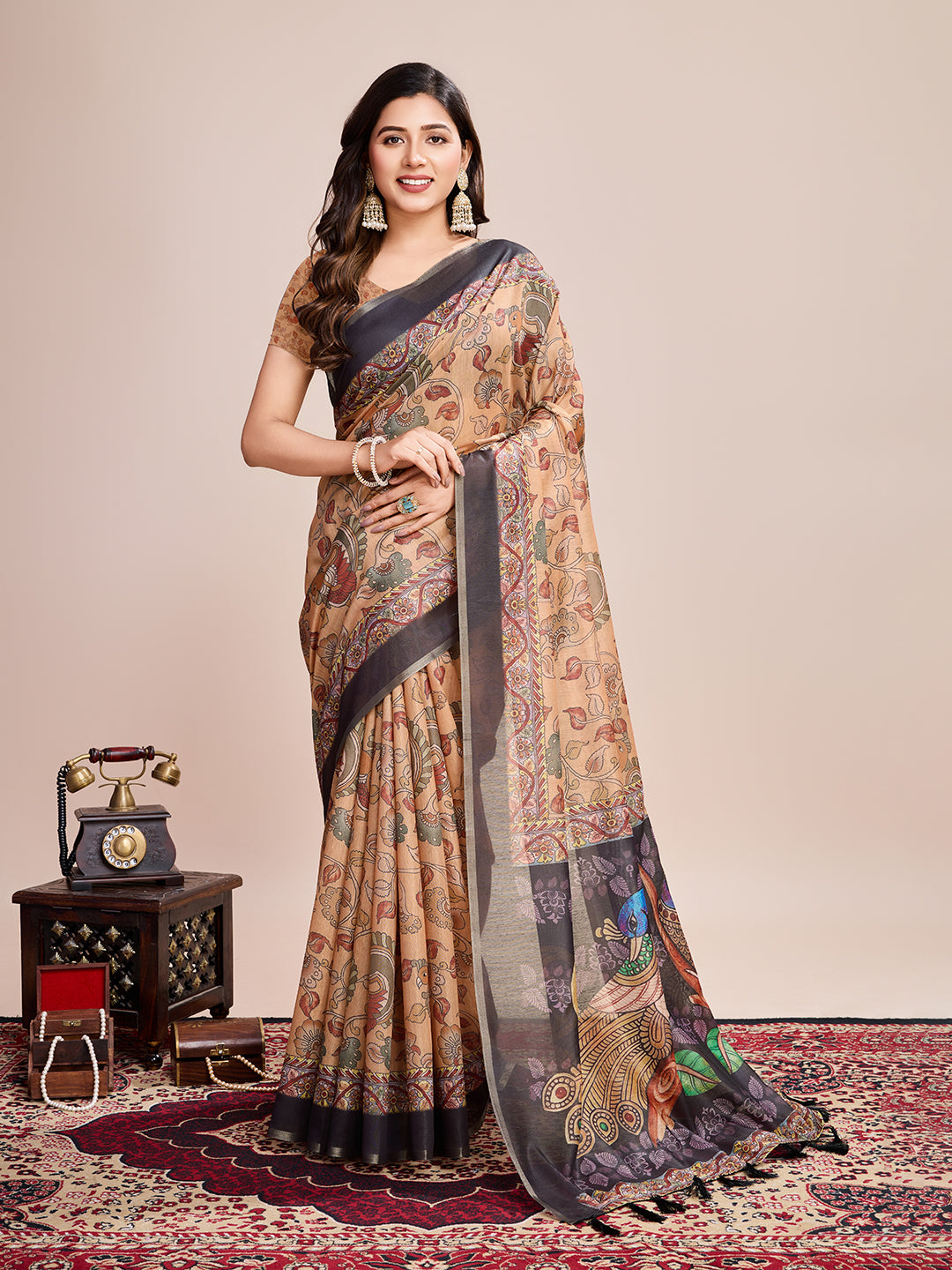 Vedant Vastram Linen Printed Bollywood Saree - Mustard | Grocsy