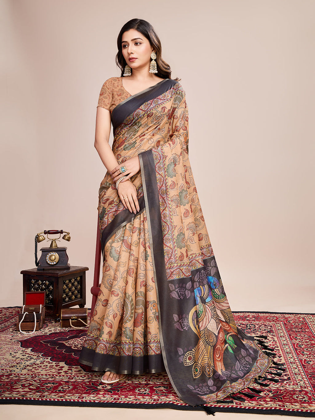Vedant Vastram Linen Printed Bollywood Saree - Mustard | Grocsy