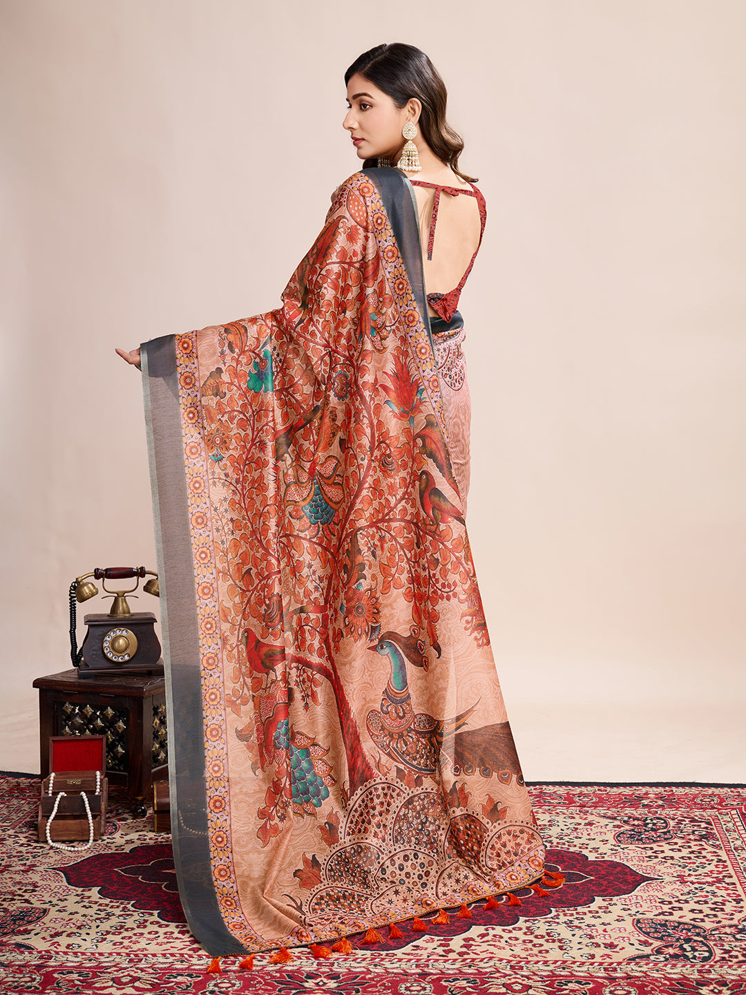 Vedant Vastram Linen Printed Bollywood Saree - Orange | Grocsy