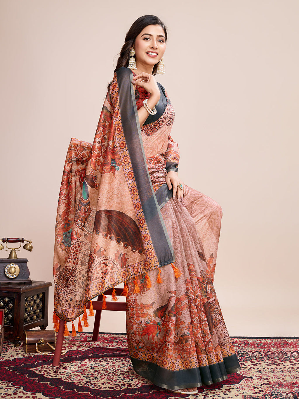 Vedant Vastram Linen Printed Bollywood Saree - Orange | Grocsy