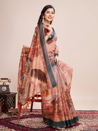 Vedant Vastram Linen Printed Bollywood Saree - Orange | Grocsy