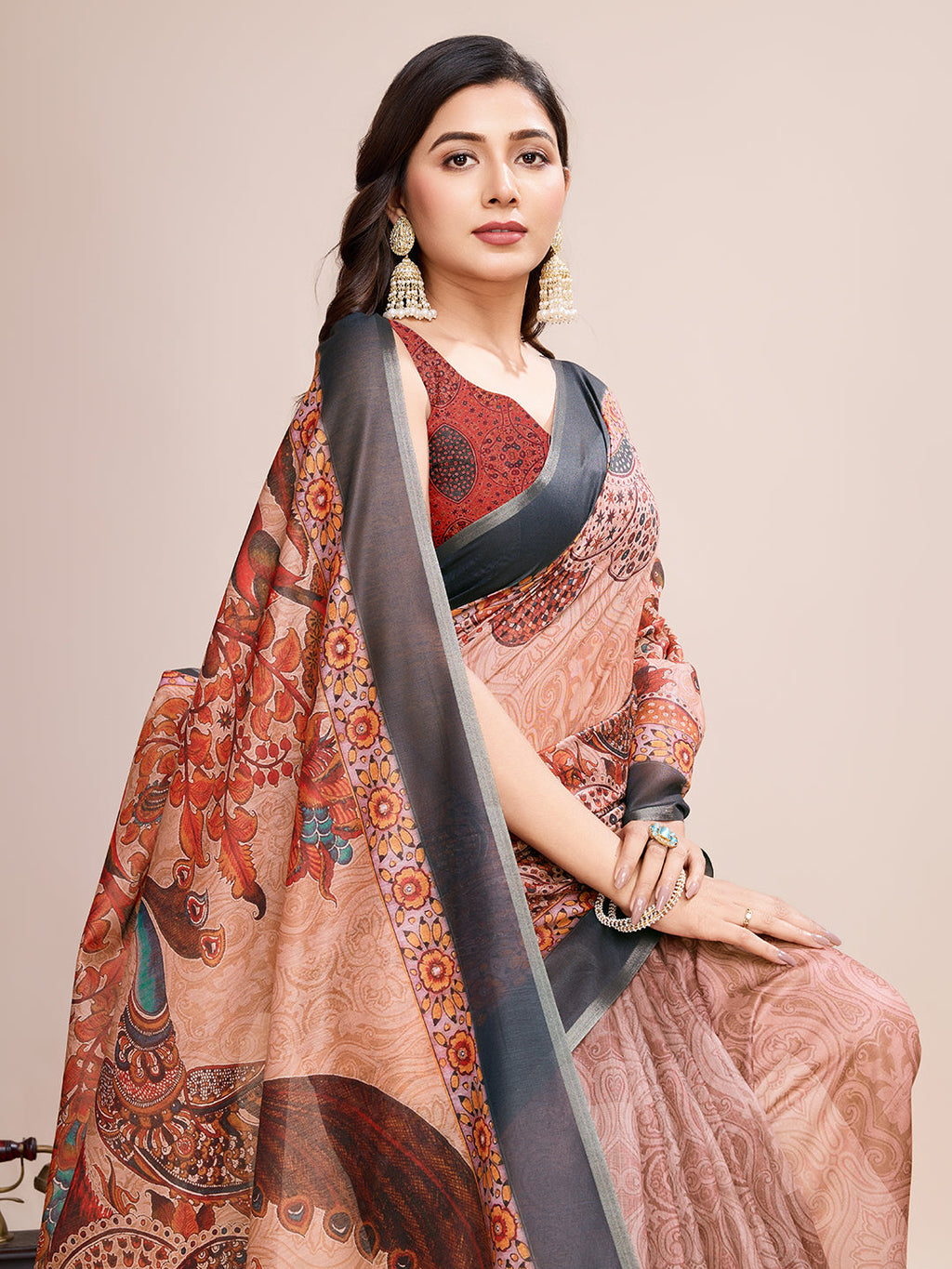 Vedant Vastram Linen Printed Bollywood Saree - Orange | Grocsy