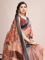 Vedant Vastram Linen Printed Bollywood Saree - Orange | Grocsy
