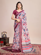 Vedant Vastram Linen Printed Bollywood Saree - Pink | Grocsy