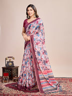 Vedant Vastram Linen Printed Bollywood Saree - Pink | Grocsy