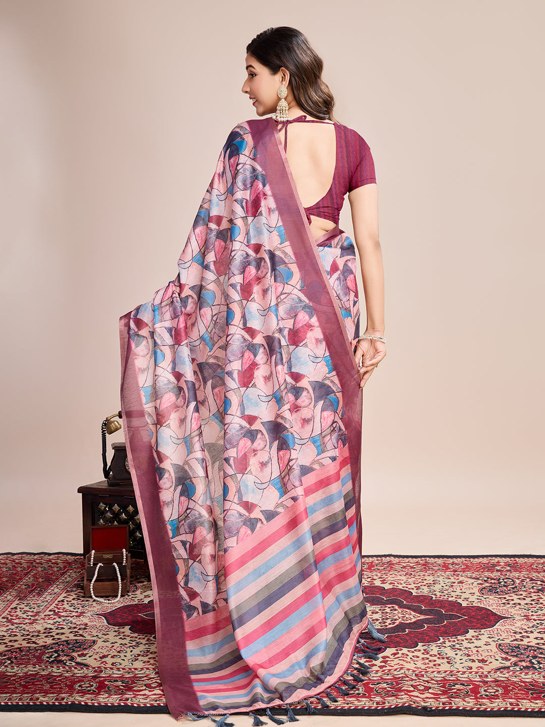 Vedant Vastram Linen Printed Bollywood Saree - Pink | Grocsy