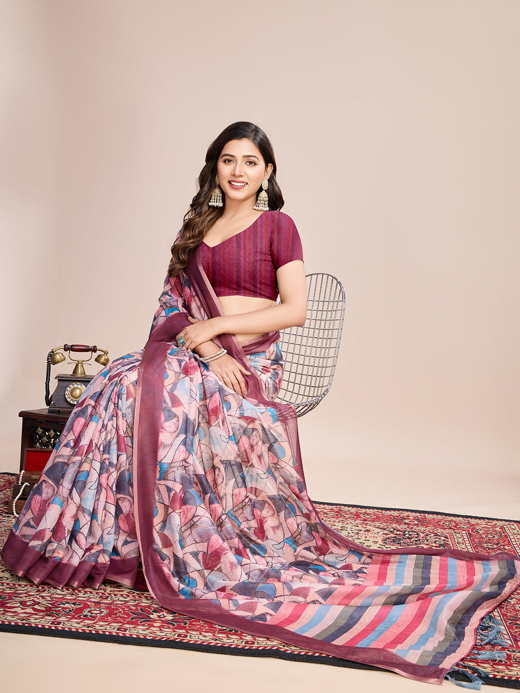 Vedant Vastram Linen Printed Bollywood Saree - Pink | Grocsy