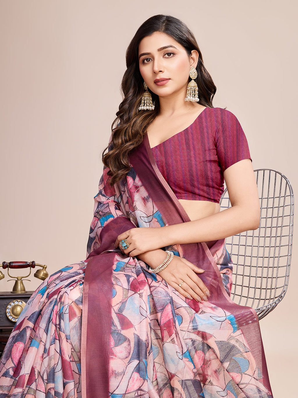 Vedant Vastram Linen Printed Bollywood Saree - Pink | Grocsy
