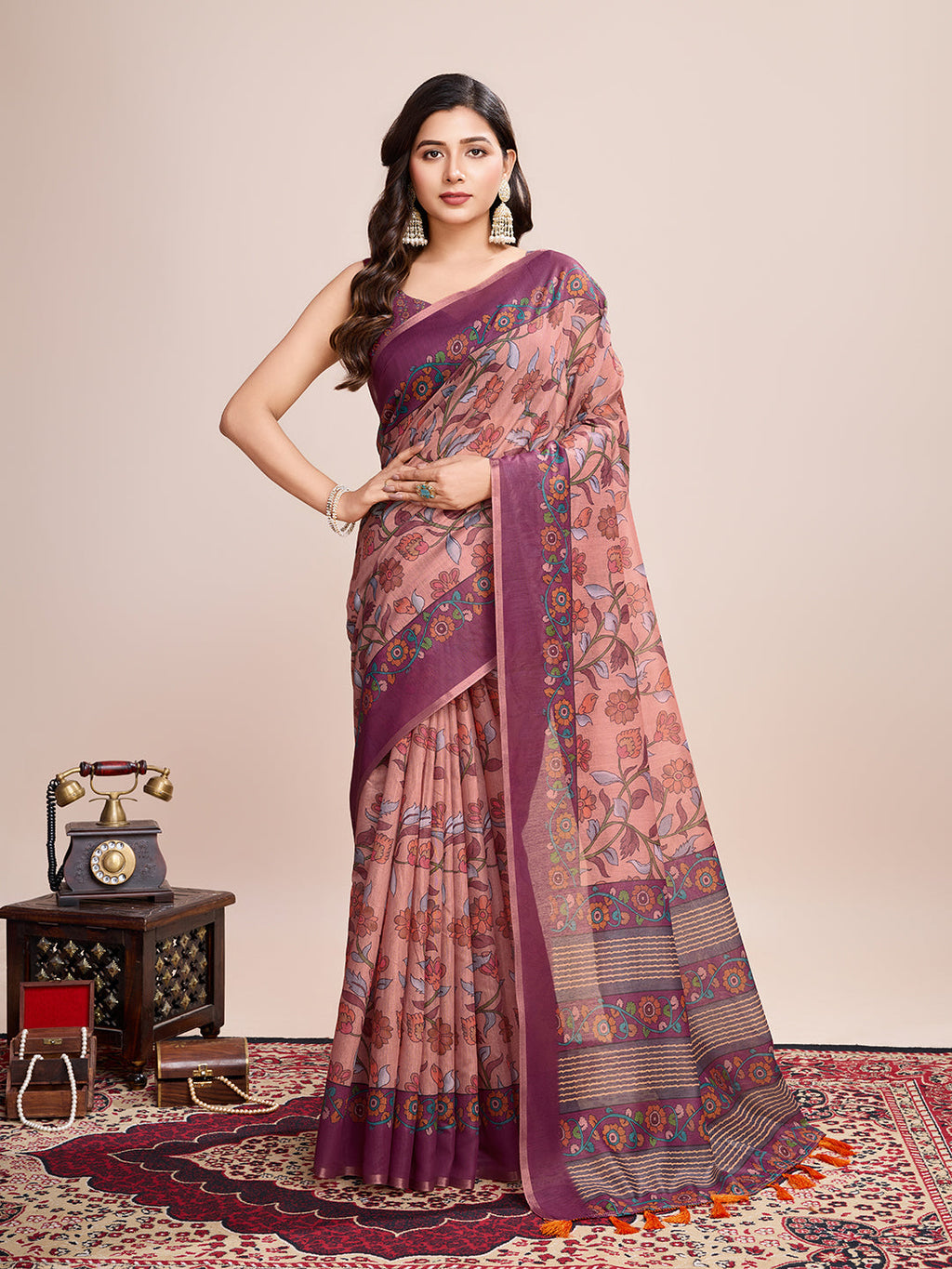 Vedant Vastram Linen Printed Bollywood Saree - Purple | Grocsy