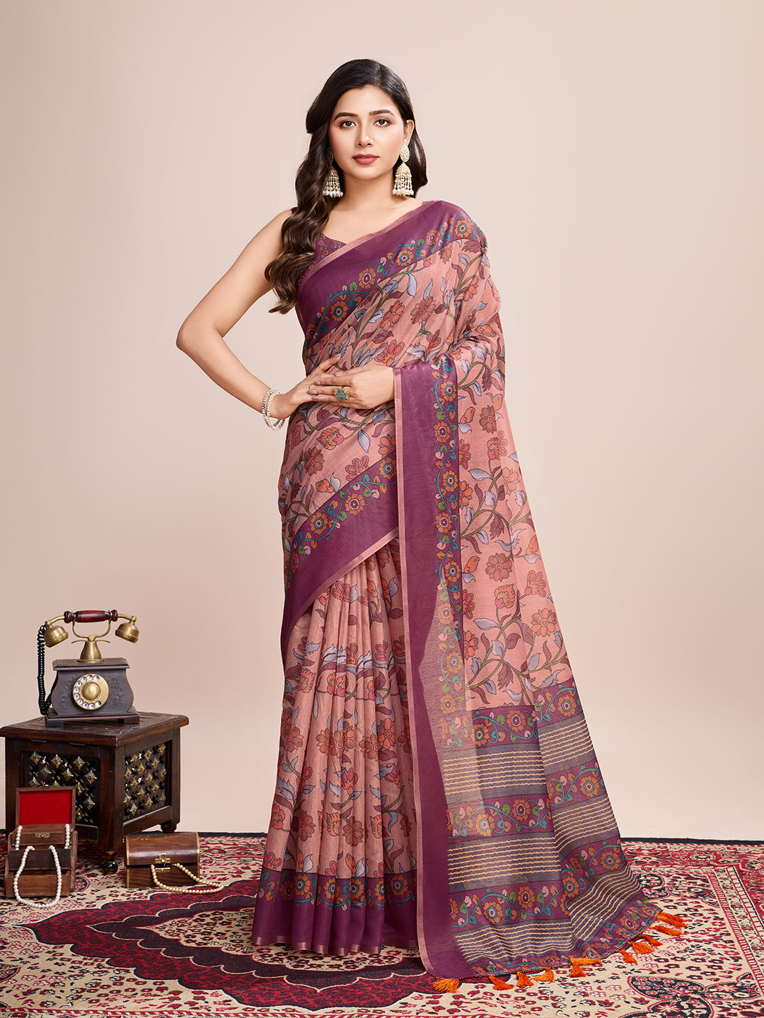 Vedant Vastram Linen Printed Bollywood Saree - Purple | Grocsy