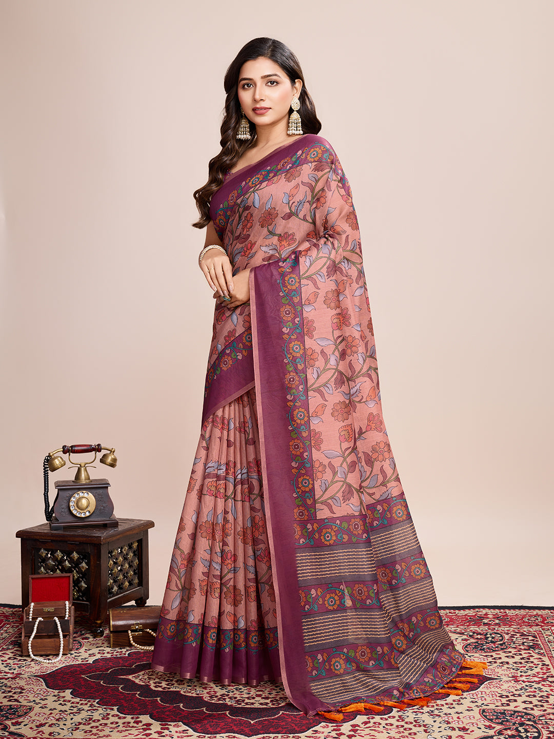 Vedant Vastram Linen Printed Bollywood Saree - Purple | Grocsy