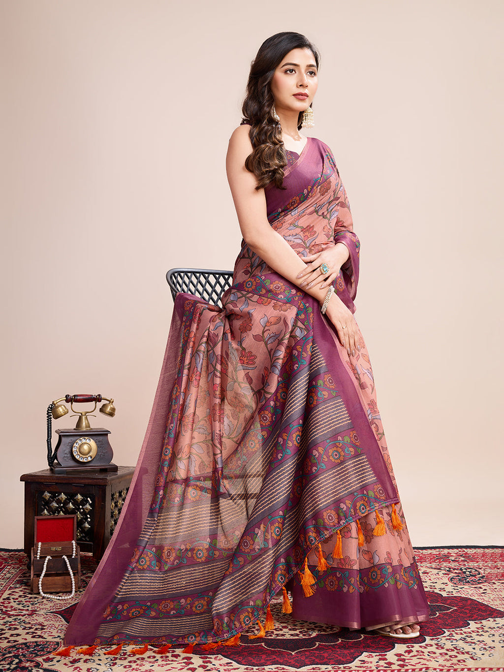 Vedant Vastram Linen Printed Bollywood Saree - Purple | Grocsy