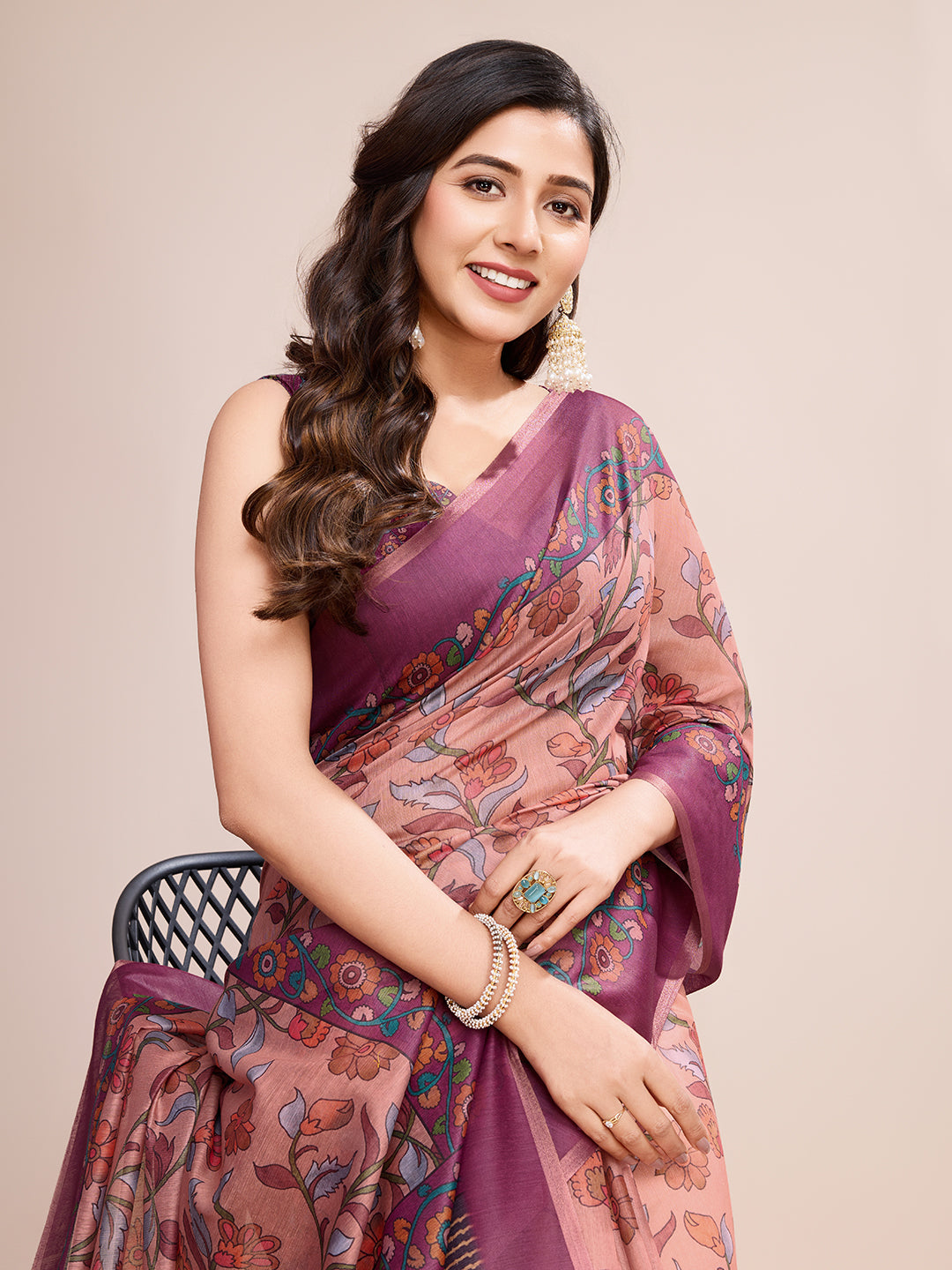 Vedant Vastram Linen Printed Bollywood Saree - Purple | Grocsy