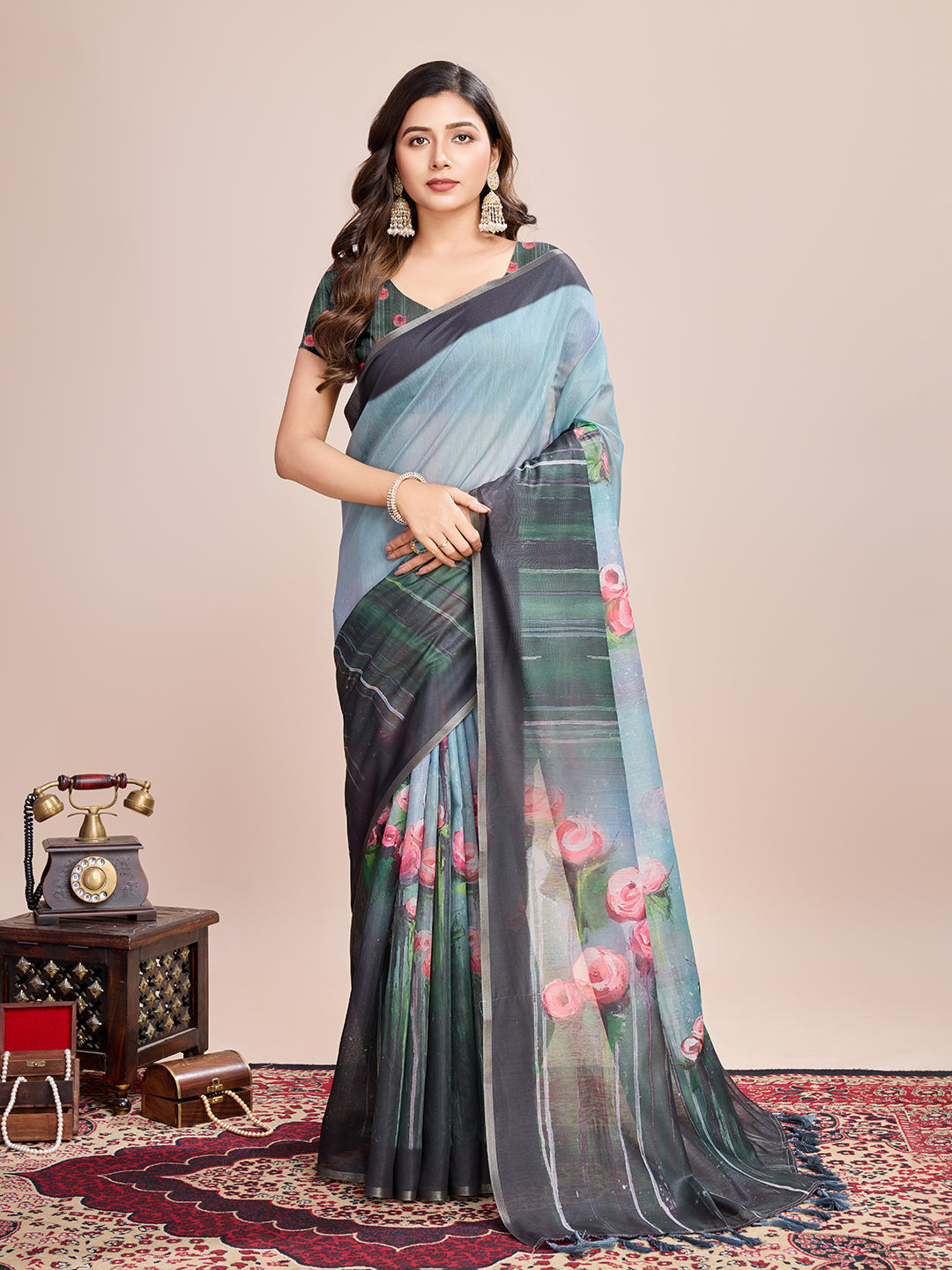 Vedant Vastram Linen Printed Bollywood Saree - Rama | Grocsy