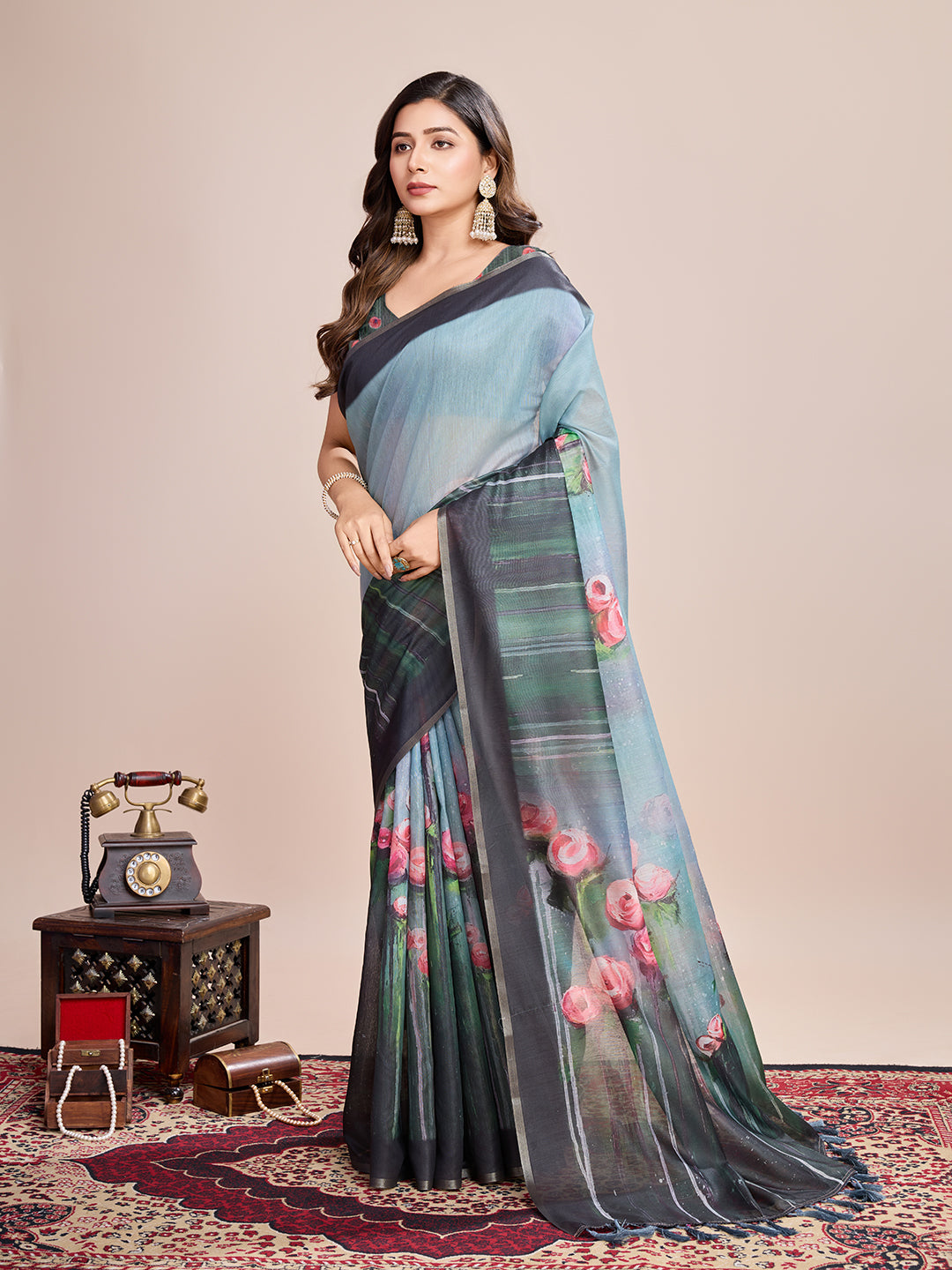 Vedant Vastram Linen Printed Bollywood Saree - Rama | Grocsy