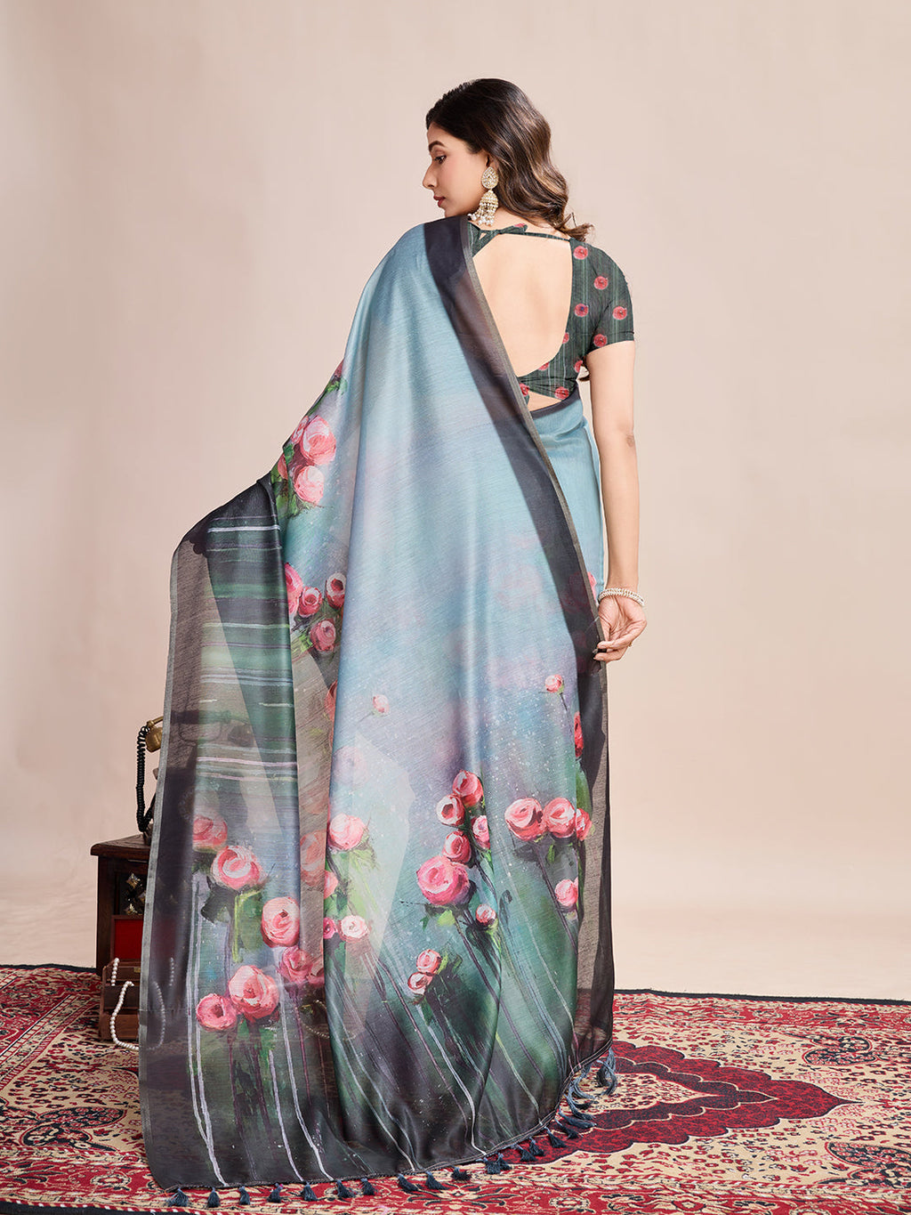 Vedant Vastram Linen Printed Bollywood Saree - Rama | Grocsy