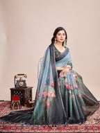 Vedant Vastram Linen Printed Bollywood Saree - Rama | Grocsy