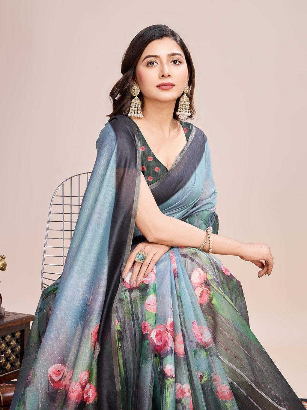 Vedant Vastram Linen Printed Bollywood Saree - Rama | Grocsy