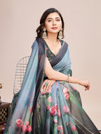 Vedant Vastram Linen Printed Bollywood Saree - Rama | Grocsy