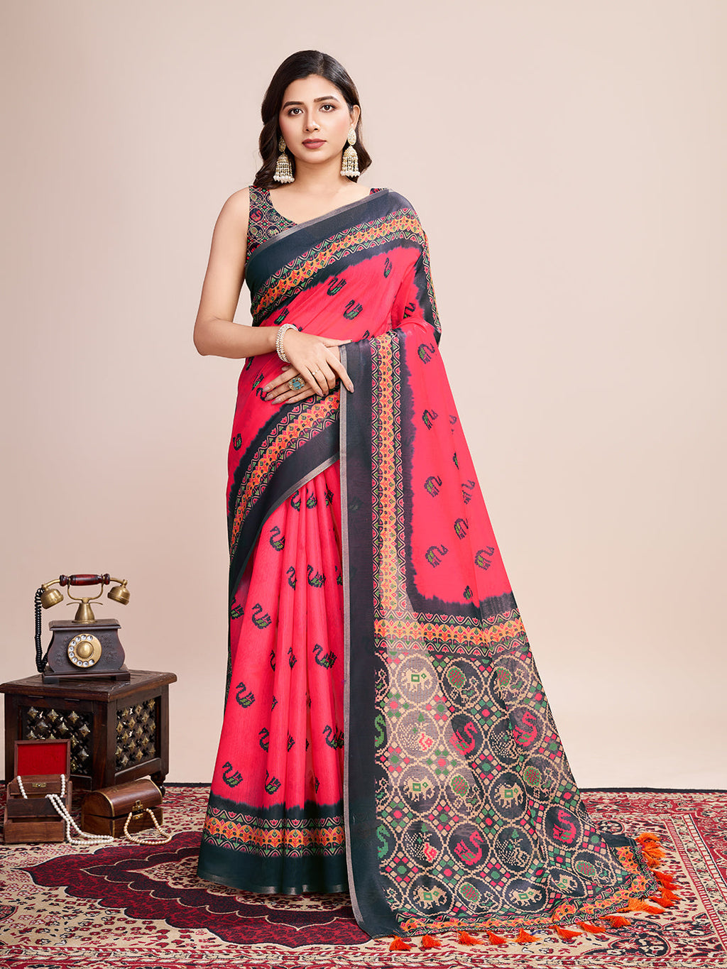 Vedant Vastram Linen Printed Bollywood Saree - Rani | Grocsy