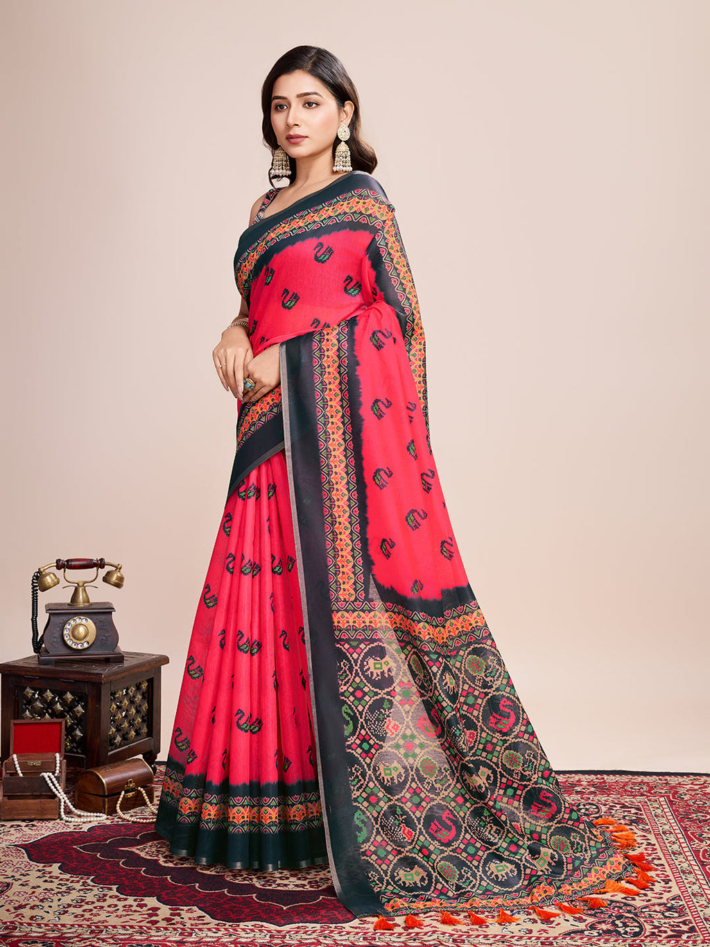 Vedant Vastram Linen Printed Bollywood Saree - Rani | Grocsy