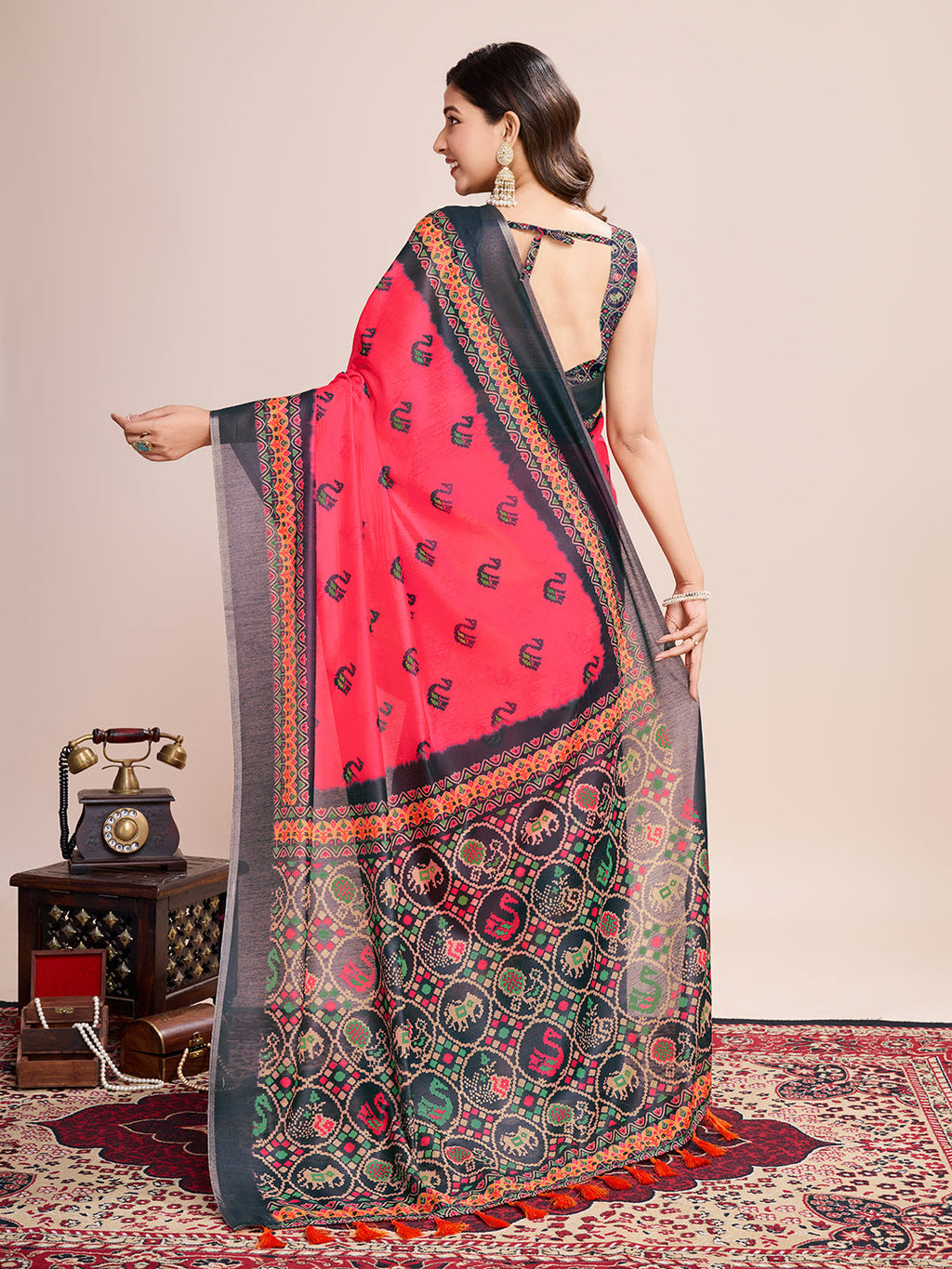Vedant Vastram Linen Printed Bollywood Saree - Rani | Grocsy
