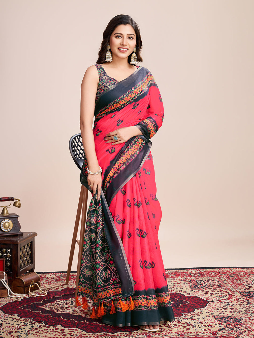 Vedant Vastram Linen Printed Bollywood Saree - Rani | Grocsy