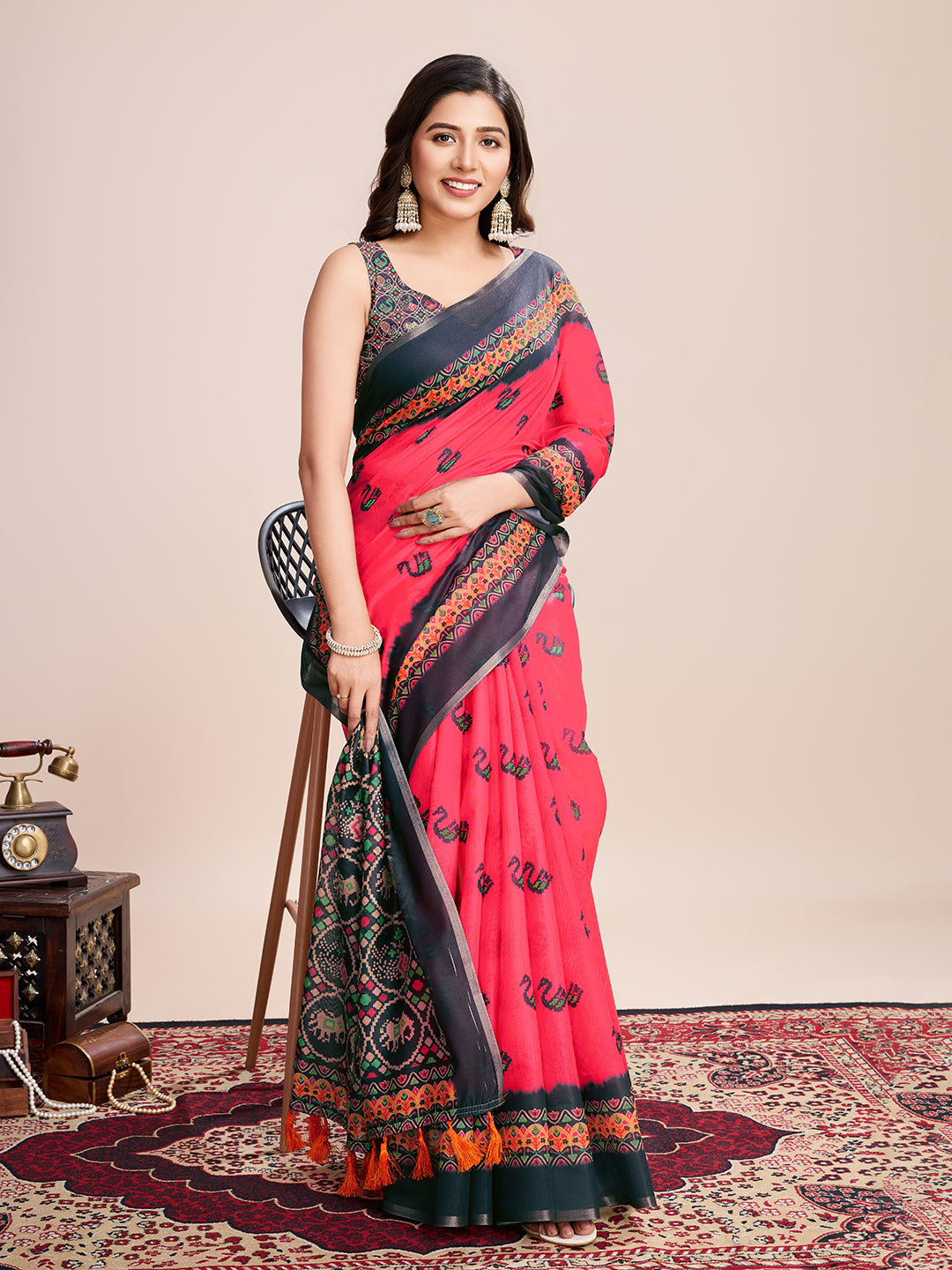 Vedant Vastram Linen Printed Bollywood Saree - Rani | Grocsy