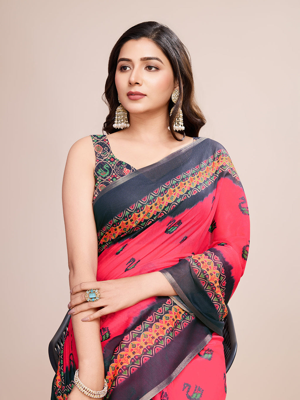 Vedant Vastram Linen Printed Bollywood Saree - Rani | Grocsy