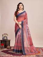 Vedant Vastram Linen Printed Bollywood Saree - Red | Grocsy