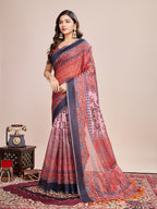 Vedant Vastram Linen Printed Bollywood Saree - Red | Grocsy