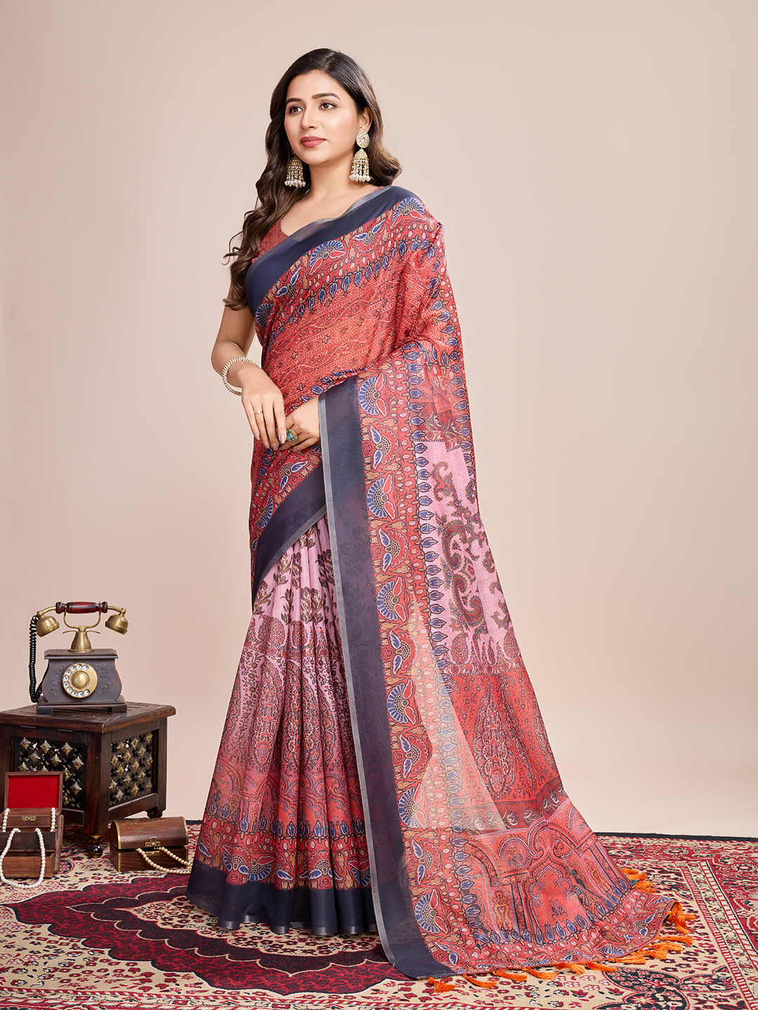 Vedant Vastram Linen Printed Bollywood Saree - Red | Grocsy