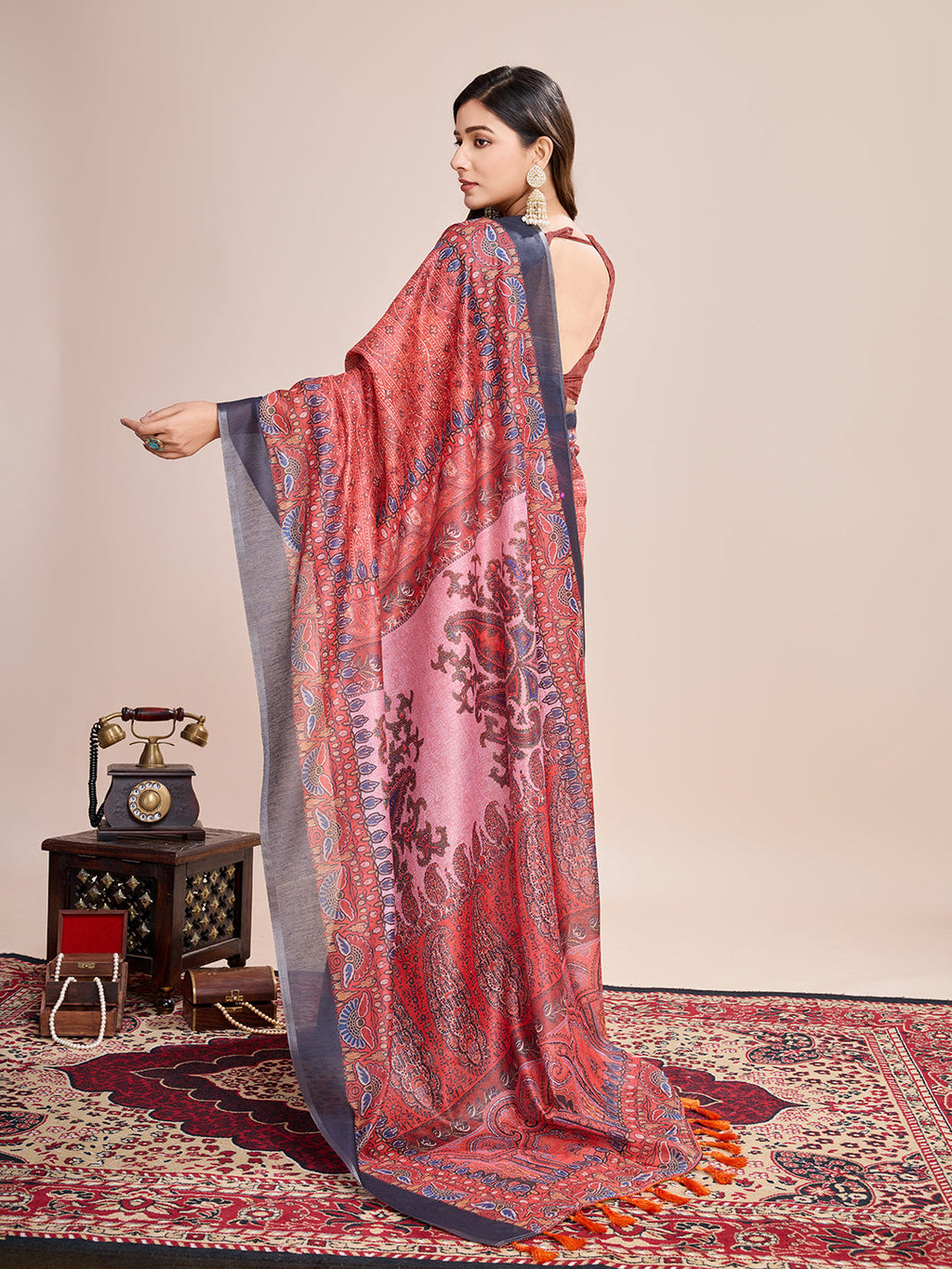 Vedant Vastram Linen Printed Bollywood Saree - Red | Grocsy