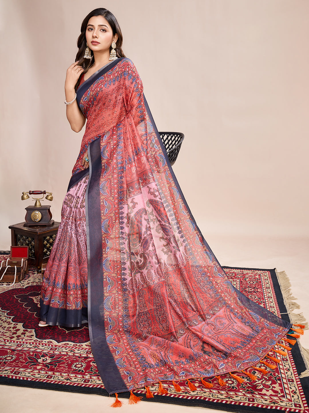 Vedant Vastram Linen Printed Bollywood Saree - Red | Grocsy