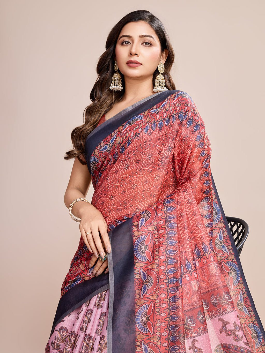 Vedant Vastram Linen Printed Bollywood Saree - Red | Grocsy