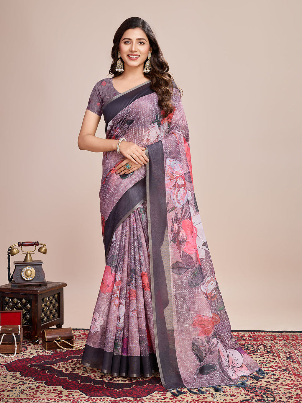 Vedant Vastram Linen Printed Bollywood Saree - Wine | Grocsy